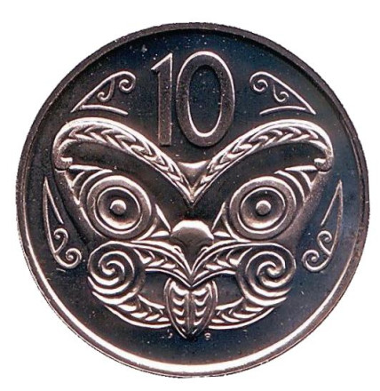 Монета 10 центов. 1984 год, Новая Зеландия. BU. Маска маори.
