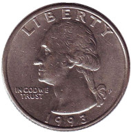 Монета 25 центов. 1993 (P) год, США. Вашингтон. Монета 25 центов. 1993 (P) год, США. Вашингтон.