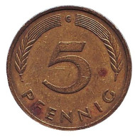 Монета 5 пфеннигов. 1980 год (G), ФРГ. Дубовые листья. Монета 5 пфеннигов. 1980 год (G), ФРГ. Дубовые листья.