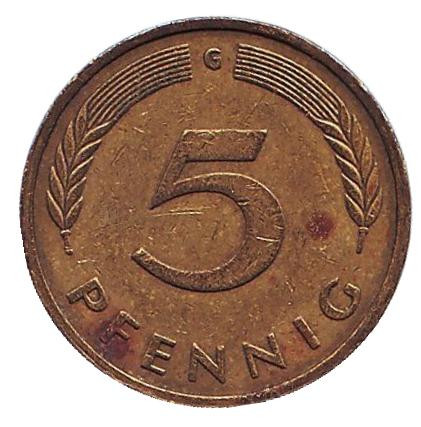 Монета 5 пфеннигов. 1980 год (G), ФРГ. Из обращения. Дубовые листья.