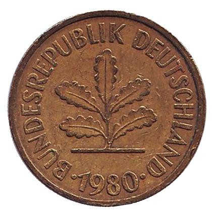Монета 5 пфеннигов. 1980 год (G), ФРГ. Дубовые листья.