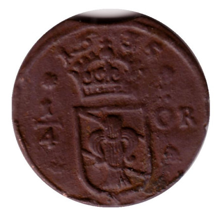 Монета 1/4 эре. 1635 год, Швеция. Дата над гербом.