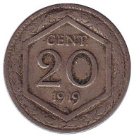 Монета 20 чентезимо. 1919 год, Италия. Новый тип, рубчатый гурт. Монета 20 чентезимо. 1919 год, Италия. Новый тип, рубчатый гурт.
