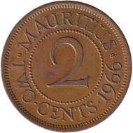 Монета 2 цента. 1966 год, Маврикий. Монета 2 цента. 1966 год, Маврикий.
