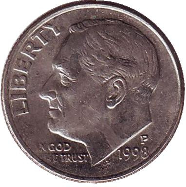 Монета 10 центов. 1998 (P) год, США. Рузвельт.