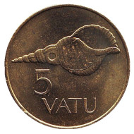 Монета 5 вату. 1990 год, Вануату. Ракушка. Монета 5 вату. 1990 год, Вануату. Ракушка.