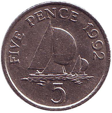 Монета 5 пенсов, 1992 год, Гернси. Парусники.