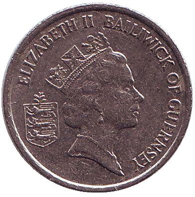 Монета 5 пенсов, 1992 год, Гернси. Парусники.