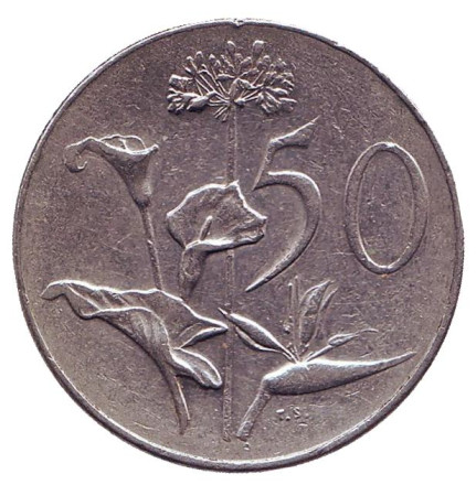 Монета 50 центов. 1966 год, ЮАР. (Suid Afrika) Цветы.