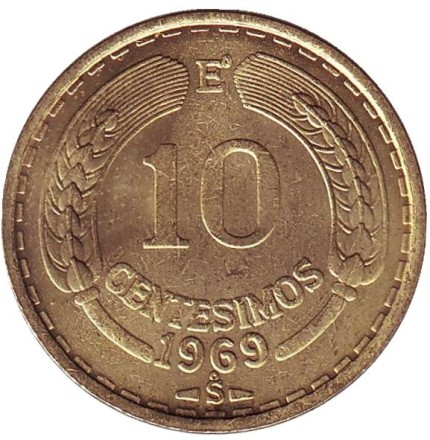 Монета 10 чентезимо. 1969 год, Чили. aUNC. Кондор.
