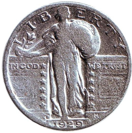 Монета 25 центов. 1929 год, США. (	Отметка монетного двора: "D")