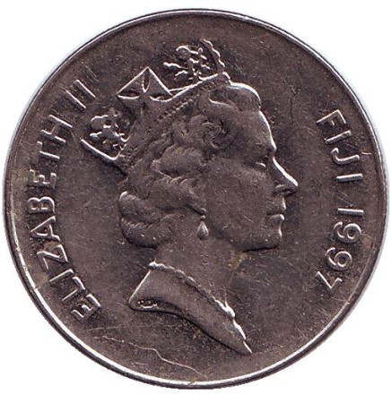 Монета 10 центов. 1997 год, Фиджи. Метательная дубинка - ула тава тава.