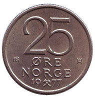 Монета 25 эре. 1977 год, Норвегия. Монета 25 эре. 1977 год, Норвегия.