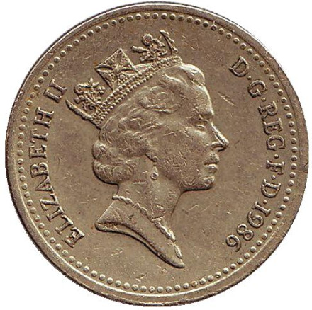 Монета 1 фунт. 1986 год, Великобритания. Растение льна и королевская диадема. Монета 1 фунт. 1986 год, Великобритания. Растение льна и королевская диадема.