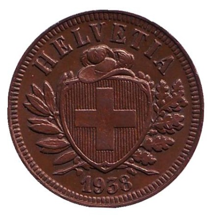 Монета 2 раппена. 1938 год, Швейцария. aUNC. Монета 2 раппена. 1938 год, Швейцария. aUNC.