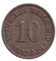 Монета 10 пфеннигов. 1910 год (A), Германская империя. Монета 10 пфеннигов. 1910 год (A), Германская империя.