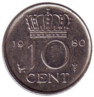 Монета 10 центов. 1980 год, Нидерланды. Монета 10 центов. 1980 год, Нидерланды.