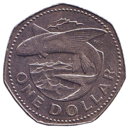 Монета 1 доллар. 1985 год, Барбадос. Летучая рыба.