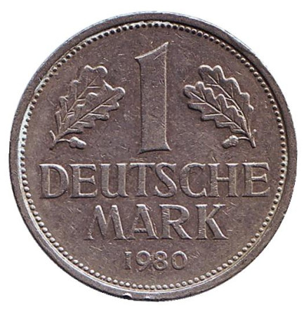 Монета 1 марка. 1980 год (G), ФРГ. Из обращения.