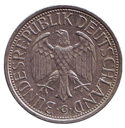 Монета 1 марка. 1980 год (G), ФРГ.