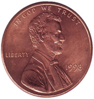 Монета 1 цент. 1998 год (P), США. Линкольн. Монета 1 цент. 1998 год (P), США. Линкольн.