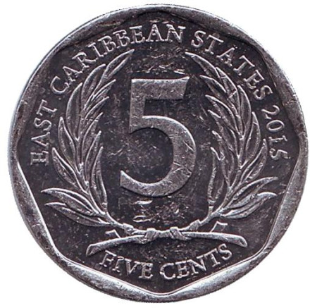 Монета 5 центов. 2015 год, Восточно-Карибские государства.