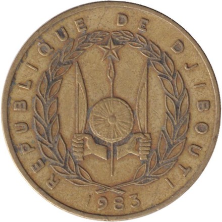 Монета 20 франков. 1983 год, Джибути. Парусник, корабль. Монета 20 франков. 1983 год, Джибути. Парусник, корабль.