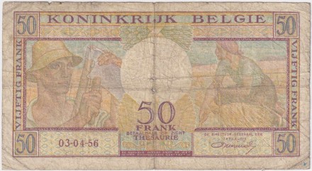 Банкнота 50 франков. 1956 год, Бельгия. P-133b. Банкнота 50 франков. 1956 год, Бельгия. P-133b.