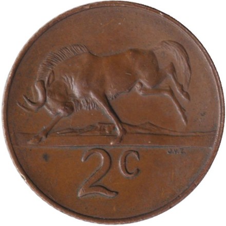 Монета 2 цента. 1967 год, Южная Африка. (South Africa). Белохвостый гну. Монета 2 цента. 1967 год, Южная Африка. (South Africa). Белохвостый гну.