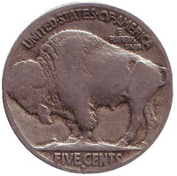 Бизон. Индеец. Монета 5 центов. 1915 год (D), США.