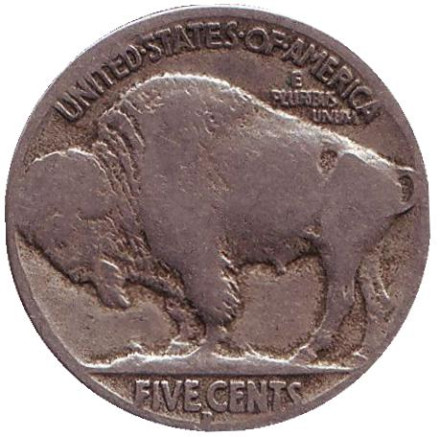 Монета 5 центов. 1915 год (D), США. Бизон. Индеец.