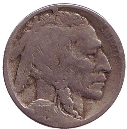Монета 5 центов. 1915 год (D), США. Бизон. Индеец. Монета 5 центов. 1915 год (D), США. Бизон. Индеец.