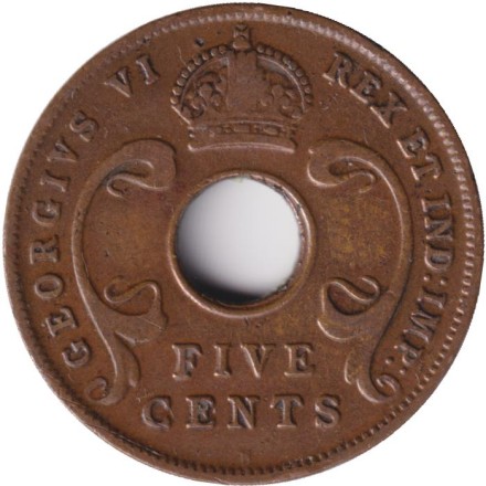 Монета 5 центов. 1937 год, Восточная Африка. (H). Монета 5 центов. 1937 год, Восточная Африка. (H).