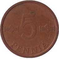 Монета 5 пенни. 1970 год, Финляндия. Монета 5 пенни. 1970 год, Финляндия.