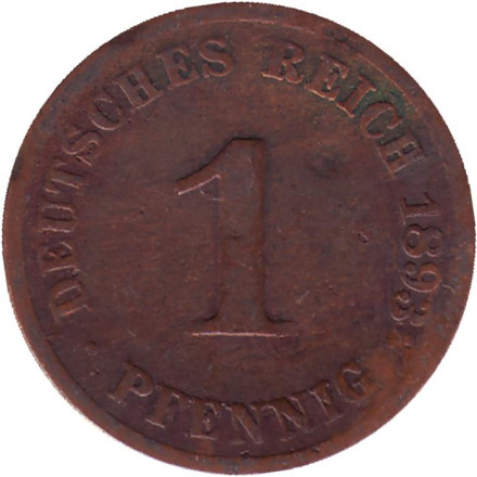 Монета 1 пфенниг. 1893 год (J), Германская империя.