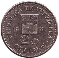 Монета 25 сентимо. 1987 год, Венесуэла. Монета 25 сентимо. 1987 год, Венесуэла.