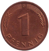 Монета 1 пфенниг. 1984 год (G), ФРГ. Дубовые листья. Монета 1 пфенниг. 1984 год (G), ФРГ. Дубовые листья.