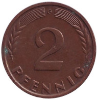 Монета 2 пфеннига. 1962 год (G), ФРГ. Дубовые листья. Монета 2 пфеннига. 1962 год (G), ФРГ. Дубовые листья.