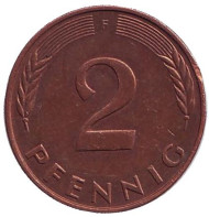 Монета 2 пфеннига. 1984 год (F), ФРГ. Дубовые листья. Монета 2 пфеннига. 1984 год (F), ФРГ. Дубовые листья.