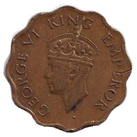 Монета 1 анна. 1945 год, Индия Британская. (Без отметки монетного двора).