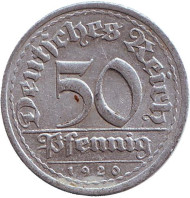Монета 50 пфеннигов. 1920 год (J), Веймарская республика. Монета 50 пфеннигов. 1920 год (J), Веймарская республика.