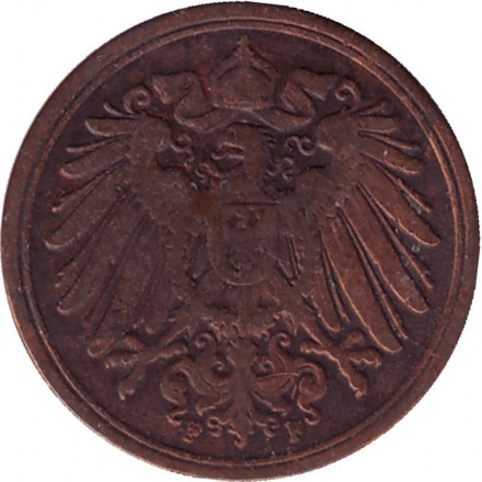 Монета 1 пфенниг. 1896 год (F), Германская империя. Монета 1 пфенниг. 1896 год (F), Германская империя.
