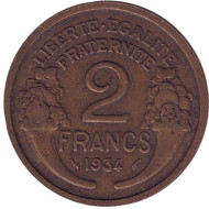 Монета 2 франка. 1934 год, Франция. Монета 2 франка. 1934 год, Франция.