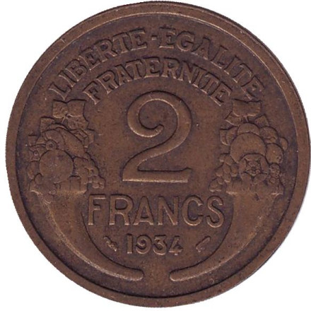 Монета 2 франка. 1934 год, Франция.