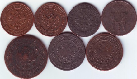 Подборка из 7 монет номиналами 1, 2, 3 копейки. 1854-1912 гг., Российская империя.