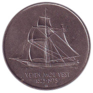 Монета 5 крон. 1975 год, Норвегия. Иммиграция в Америку. 150-летняя годовщина. Монета 5 крон. 1975 год, Норвегия. Иммиграция в Америку. 150-летняя годовщина.