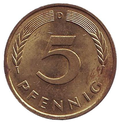 Монета 5 пфеннигов. 1977 год (D), ФРГ. Дубовые листья.