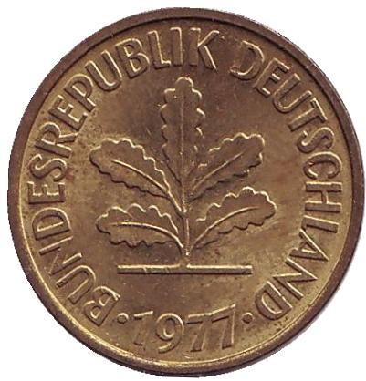 Монета 5 пфеннигов. 1977 год (D), ФРГ. Дубовые листья.