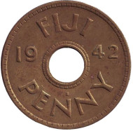 Монета 1 пенни. 1942 год, Фиджи. Монета 1 пенни. 1942 год, Фиджи.
