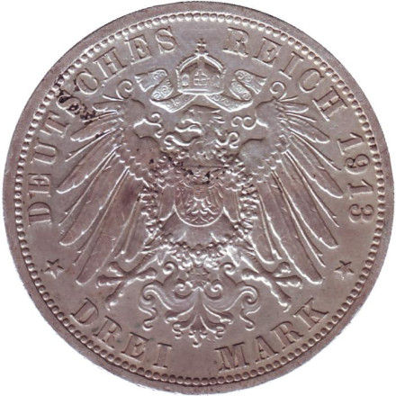 Монета 3 марки. 1913 год, Германская империя. Пруссия. 25-летие правления Вильгельма II.